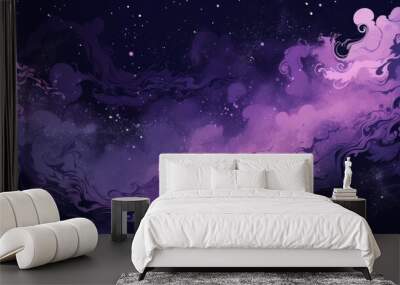 Purple Space background. Abstract cosmic backdrop with nebula stars. Horizontal modern design for flyers, cards, web banners, wallpaper, greeting invitation card, brochure, poster. Wall mural